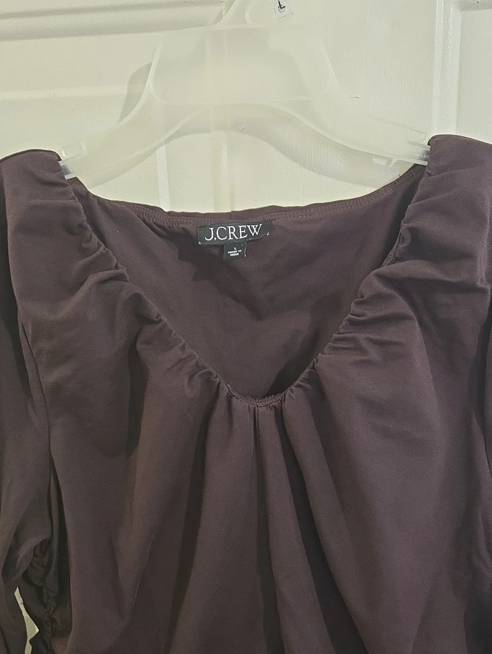 J. Crew Chocolate Brown Ruched V-Neck Knit Long Sleeve Cotton Stretch Top L Fall
